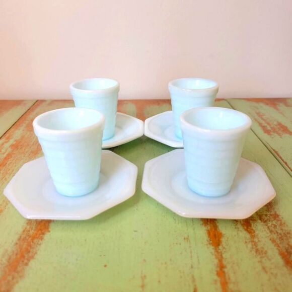 Akro Agate Children's Opalescent Milk Glass Tumbler & Saucers Set - Picture 1 of 16